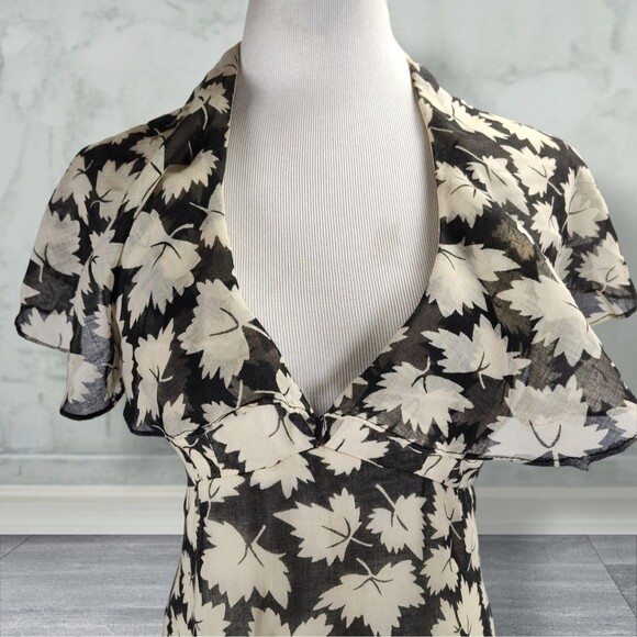 Vintage 70s Backless Halter Midi Dress Size 6 Black Leaf Print Neck Drape - Picture 5 of 15